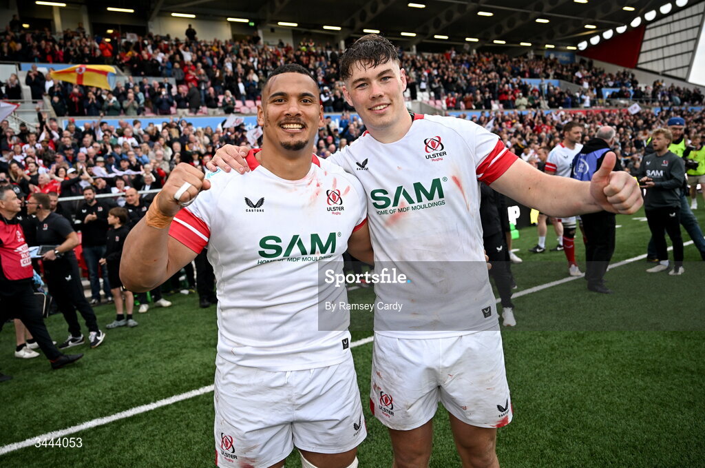 2 May 2026; Juarno Augustus, left, and Jude Postlethwaite of Ulster celebrate after the EPCR Challenge Cup semi-final match between Ulster and Exeter Chiefs at Affidea Stadium in Belfast. Photo by Ramsey Cardy/Sportsfile
