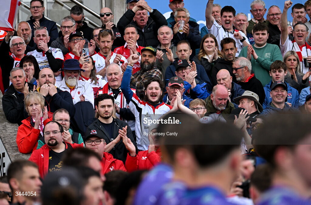 2 May 2026; Ulster supporters applaud their side off the pitch after the EPCR Challenge Cup semi-final match between Ulster and Exeter Chiefs at Affidea Stadium in Belfast. Photo by Ramsey Cardy/Sportsfile