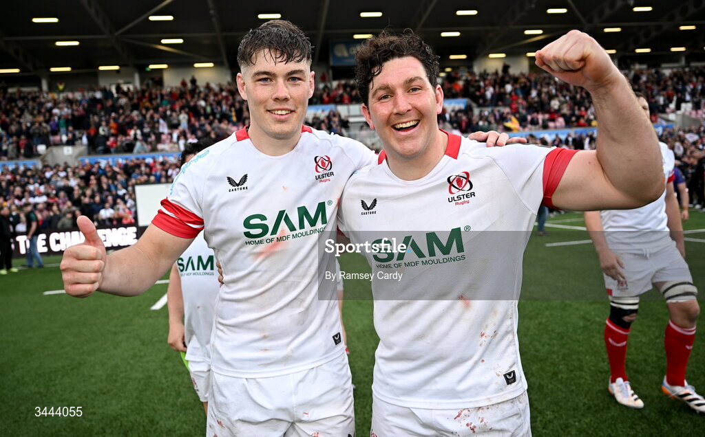 2 May 2026; Jude Postlethwaite, left, and Tom Stewart of Ulster celebrate after the EPCR Challenge Cup semi-final match between Ulster and Exeter Chiefs at Affidea Stadium in Belfast. Photo by Ramsey Cardy/Sportsfile