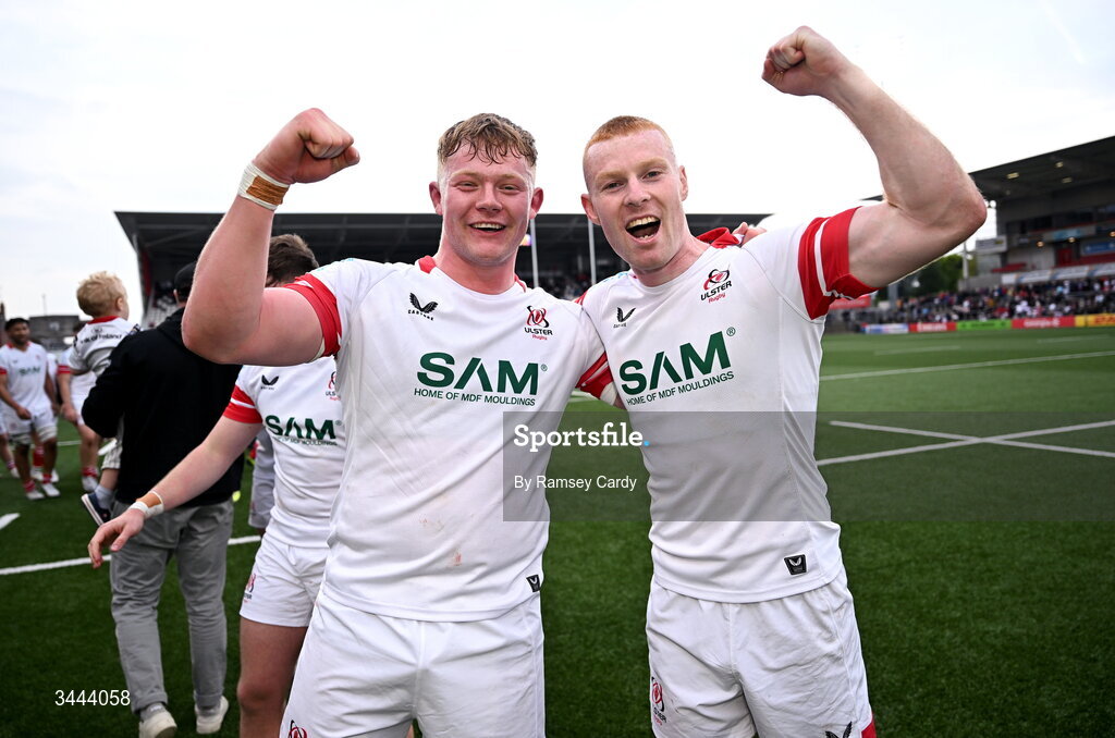 2 May 2026; Bryn Ward, left, and Nathan Doak of Ulster celebrate after the EPCR Challenge Cup semi-final match between Ulster and Exeter Chiefs at Affidea Stadium in Belfast. Photo by Ramsey Cardy/Sportsfile