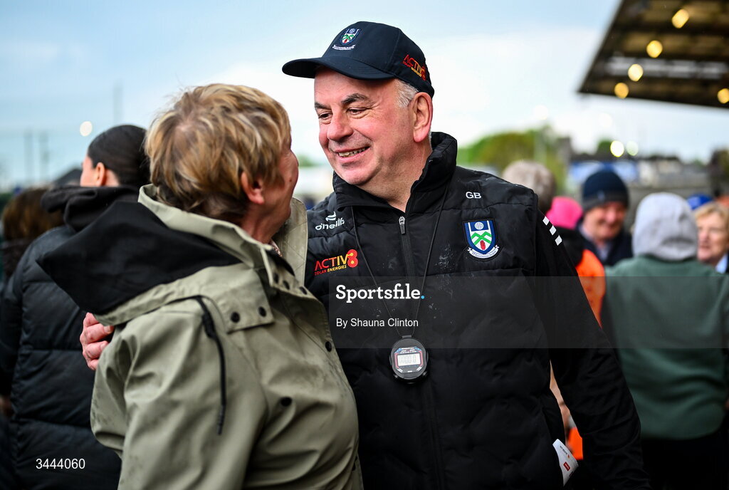 2 May 2026; Monaghan manager Gabriel Bannigan with supporters after the Ulster GAA Football Senior Championship semi-final match between Derry and Monaghan at BOX-IT Athletic Grounds in Armagh. Photo by Shauna Clinton/Sportsfile