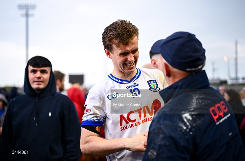 2 May 2026; Karl Gallagher of Monaghan with supporters after his side's victory in the Ulster GAA Football Senior Championship semi-final match between Derry and Monaghan at BOX-IT Athletic Grounds in Armagh. Photo by Shauna Clinton/Sportsfile