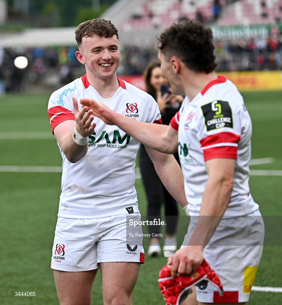 2 May 2026; Jack Murphy, left, and Mike Lowry of Ulster celebrate after the EPCR Challenge Cup semi-final match between Ulster and Exeter Chiefs at Affidea Stadium in Belfast. Photo by Ramsey Cardy/Sportsfile