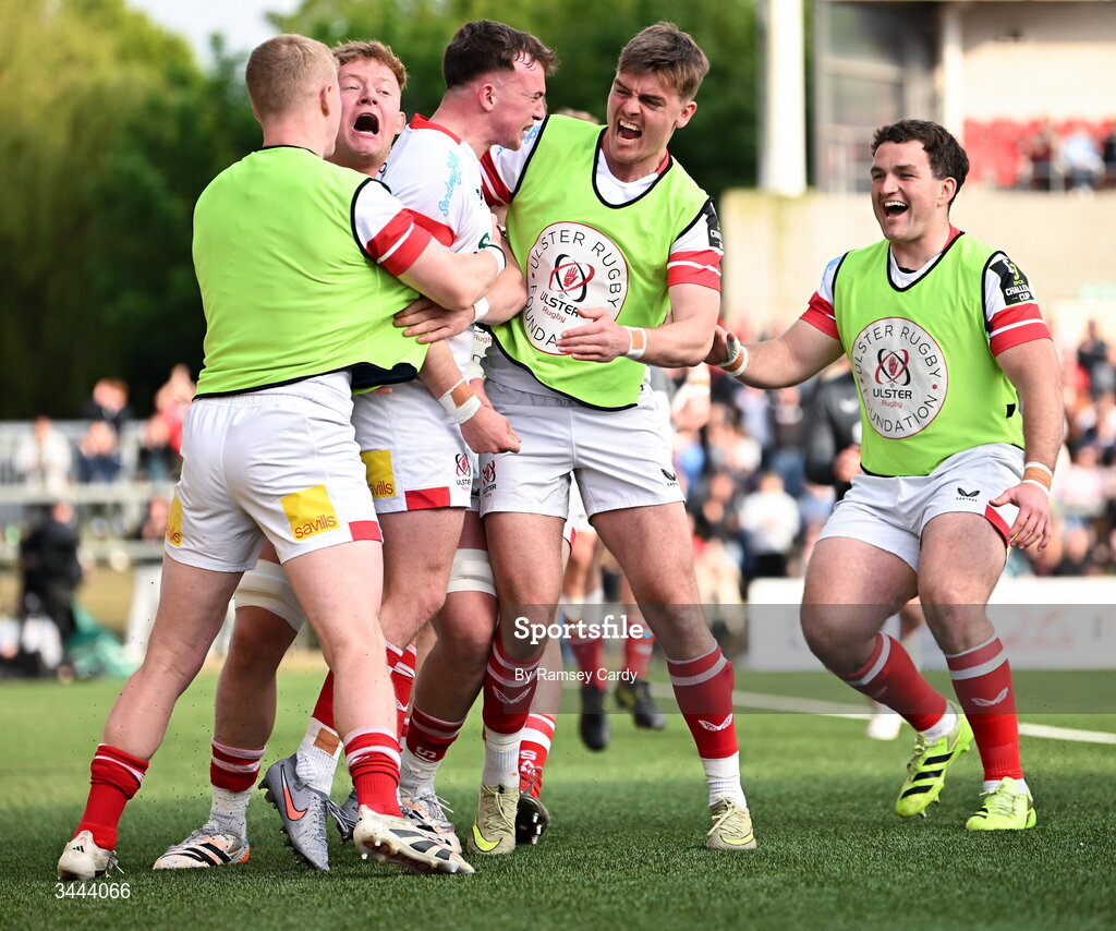 2 May 2026; Jack Murphy of Ulster celebrates with teammates after scoring their side's second try during the EPCR Challenge Cup semi-final match between Ulster and Exeter Chiefs at Affidea Stadium in Belfast. Photo by Ramsey Cardy/Sportsfile