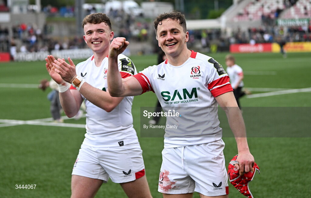 2 May 2026; Mike Lowry, right, and Jack Murphy of Ulster celebrate after the EPCR Challenge Cup semi-final match between Ulster and Exeter Chiefs at Affidea Stadium in Belfast. Photo by Ramsey Cardy/Sportsfile