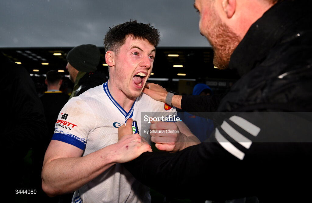 2 May 2026; Stephen O'Hanlon of Monaghan celebrates after his side's victory in the Ulster GAA Football Senior Championship semi-final match between Derry and Monaghan at BOX-IT Athletic Grounds in Armagh. Photo by Shauna Clinton/Sportsfile