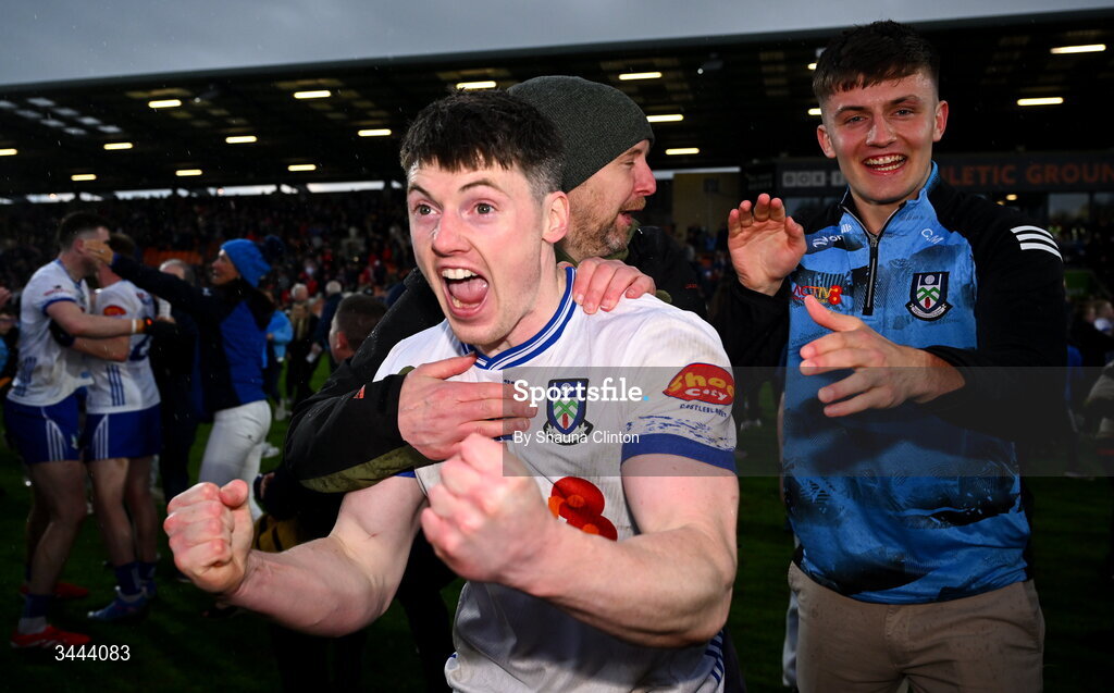 2 May 2026; Stephen O'Hanlon of Monaghan celebrates after his side's victory in the Ulster GAA Football Senior Championship semi-final match between Derry and Monaghan at BOX-IT Athletic Grounds in Armagh. Photo by Shauna Clinton/Sportsfile