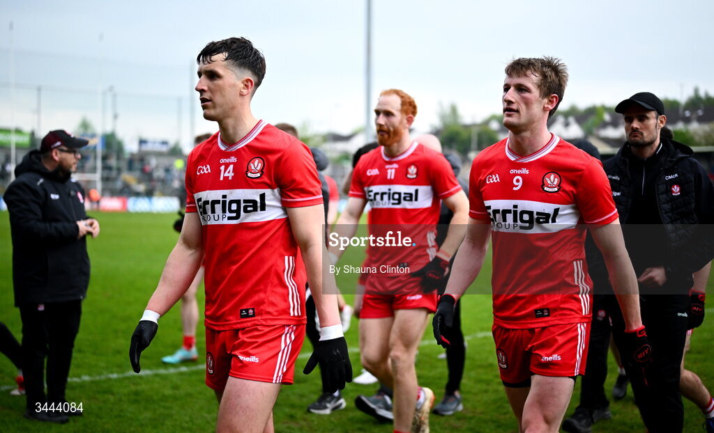 2 May 2026; Derry players leave the pitch ahead of extra-time during the Ulster GAA Football Senior Championship semi-final match between Derry and Monaghan at BOX-IT Athletic Grounds in Armagh. Photo by Shauna Clinton/Sportsfile