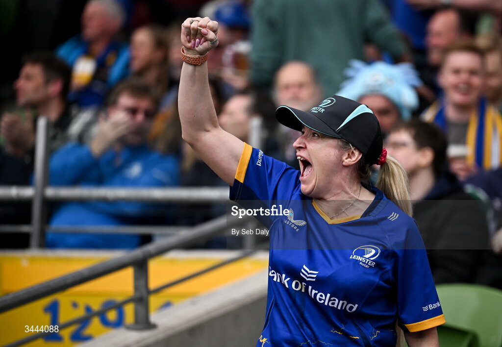 2 May 2026; A Leinster supporter reacts during the Investec Champions Cup semi-final match between Leinster and RC Toulon at the Aviva Stadium in Dublin. Photo by Seb Daly/Sportsfile