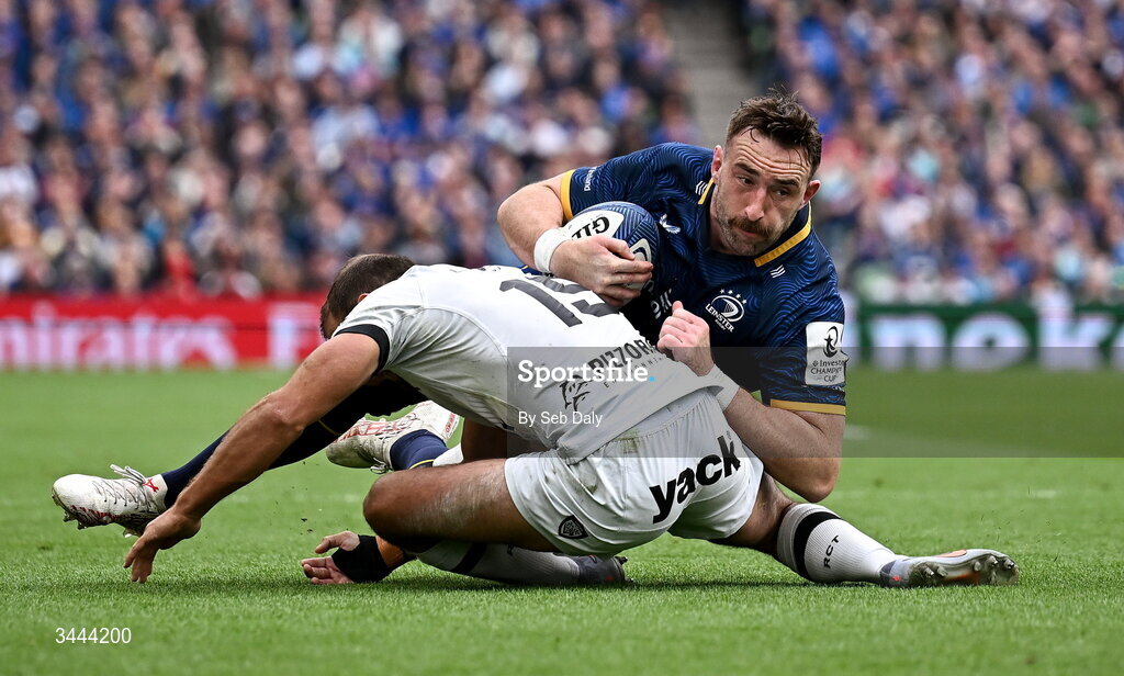 2 May 2026; Jack Conan of Leinster in action against Melvyn Jaminet of RC Toulon during the Investec Champions Cup semi-final match between Leinster and RC Toulon at the Aviva Stadium in Dublin. Photo by Seb Daly/Sportsfile
