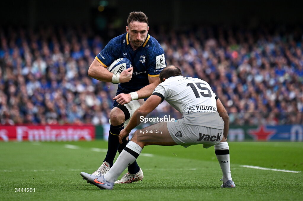 2 May 2026; Jack Conan of Leinster in action against Melvyn Jaminet of RC Toulon during the Investec Champions Cup semi-final match between Leinster and RC Toulon at the Aviva Stadium in Dublin. Photo by Seb Daly/Sportsfile