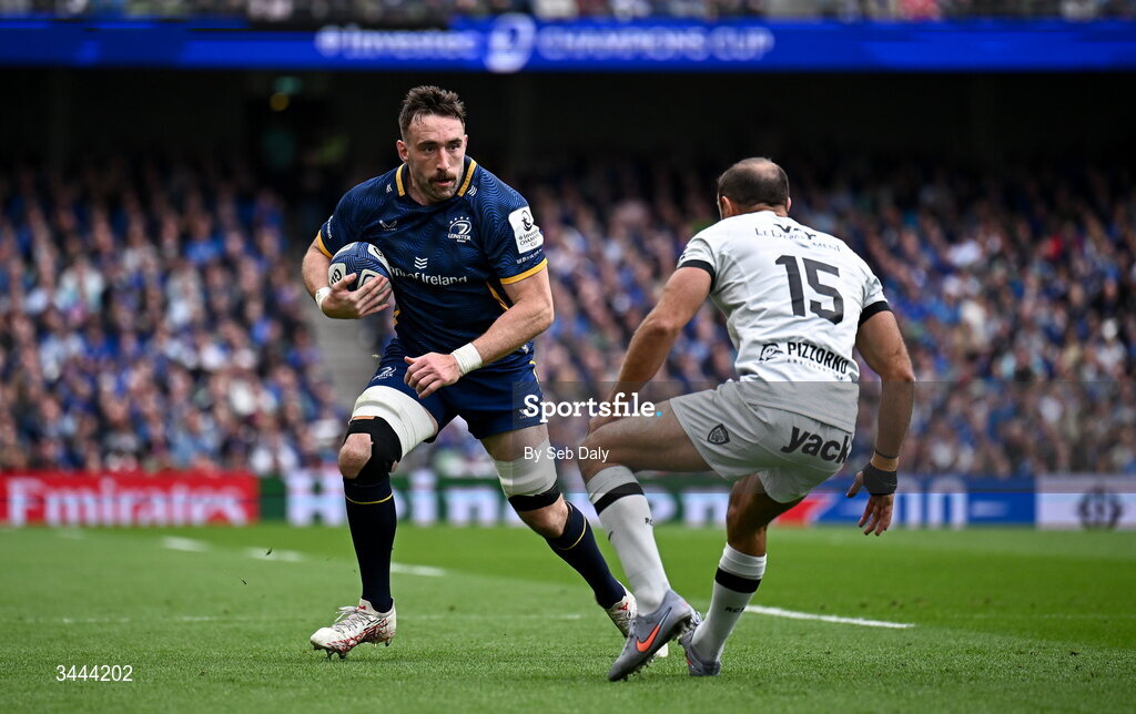 2 May 2026; Jack Conan of Leinster in action against Melvyn Jaminet of RC Toulon during the Investec Champions Cup semi-final match between Leinster and RC Toulon at the Aviva Stadium in Dublin. Photo by Seb Daly/Sportsfile