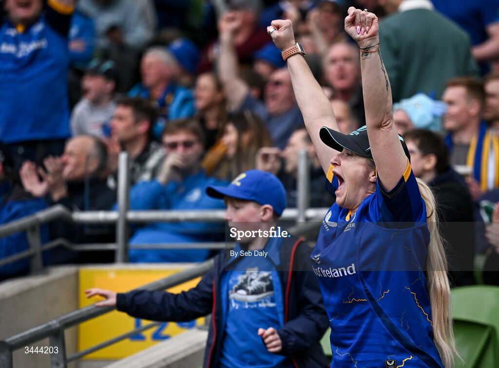 2 May 2026; A Leinster supporter celebrates during the Investec Champions Cup semi-final match between Leinster and RC Toulon at the Aviva Stadium in Dublin. Photo by Seb Daly/Sportsfile