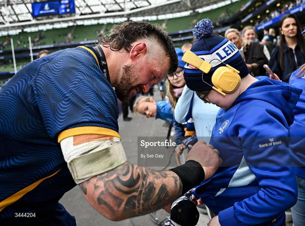 2 May 2026; Andrew Porter of Leinster with supporters after the Investec Champions Cup semi-final match between Leinster and RC Toulon at the Aviva Stadium in Dublin. Photo by Seb Daly/Sportsfile