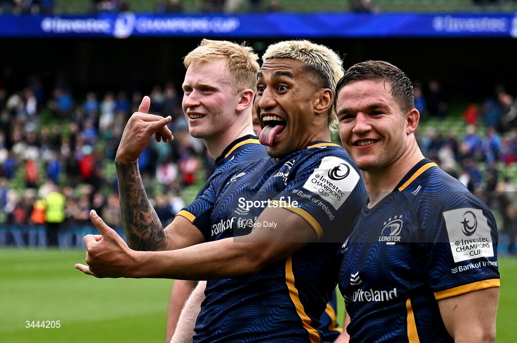 2 May 2026; Rieko Ioane of Leinster, centre, with teammates Jamie Osborne, left, and Scott Penny after the Investec Champions Cup semi-final match between Leinster and RC Toulon at the Aviva Stadium in Dublin. Photo by Seb Daly/Sportsfile