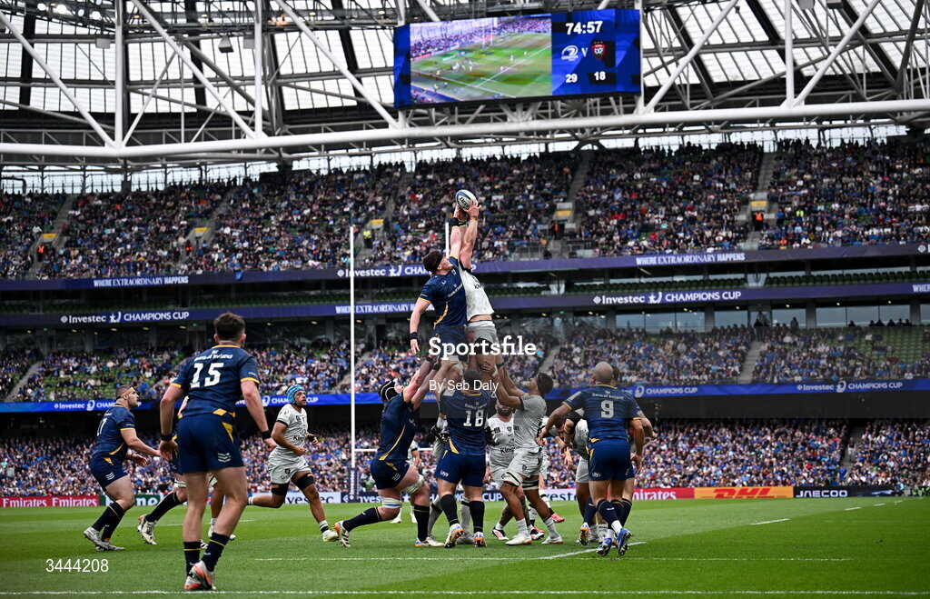 2 May 2026; Alex Soroka of Leinster and David Ribbans of RC Toulon contest a line-out during the Investec Champions Cup semi-final match between Leinster and RC Toulon at the Aviva Stadium in Dublin. Photo by Seb Daly/Sportsfile