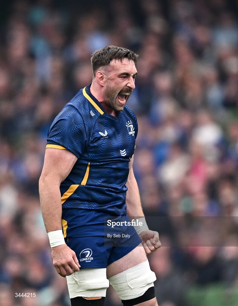 2 May 2026; Jack Conan of Leinster celebrates during the Investec Champions Cup semi-final match between Leinster and RC Toulon at the Aviva Stadium in Dublin. Photo by Seb Daly/Sportsfile