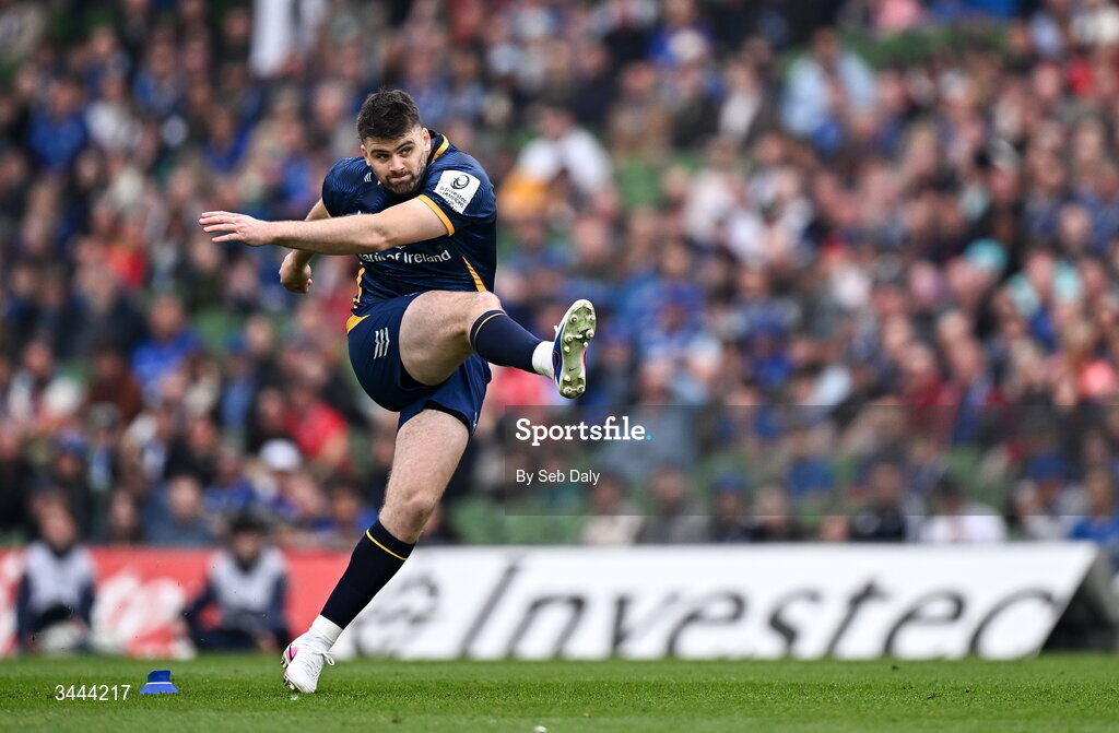 2 May 2026; Harry Byrne of Leinster during the Investec Champions Cup semi-final match between Leinster and RC Toulon at the Aviva Stadium in Dublin. Photo by Seb Daly/Sportsfile