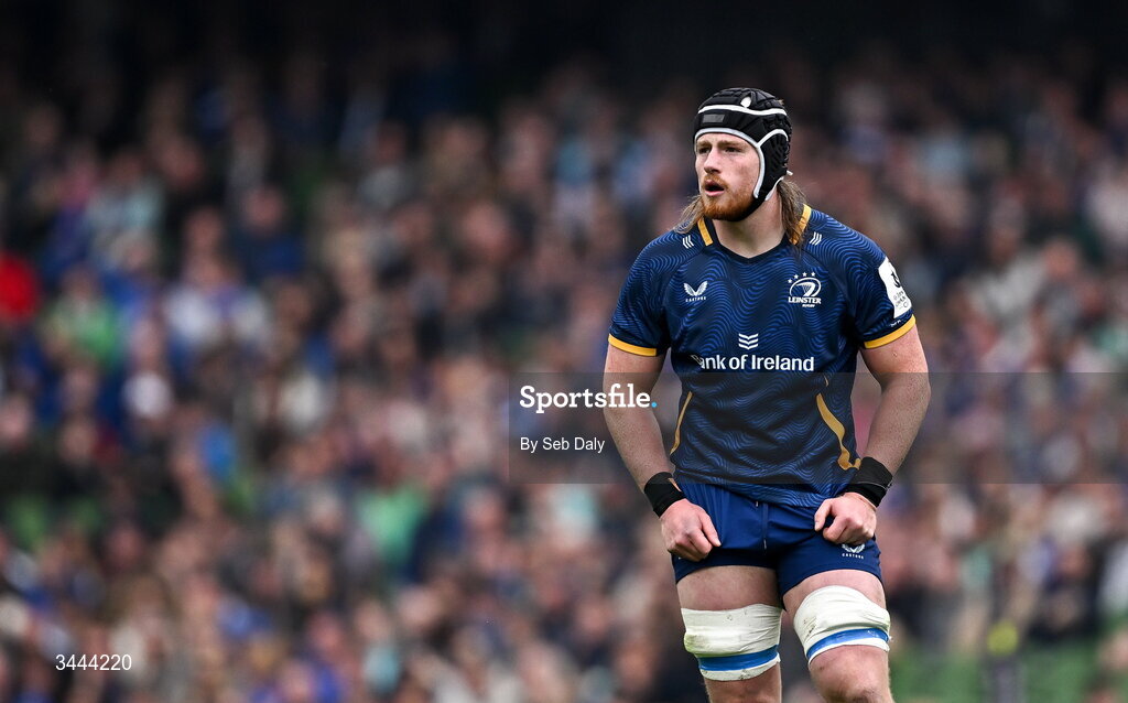 2 May 2026; Joe McCarthy of Leinster during the Investec Champions Cup semi-final match between Leinster and RC Toulon at the Aviva Stadium in Dublin. Photo by Seb Daly/Sportsfile