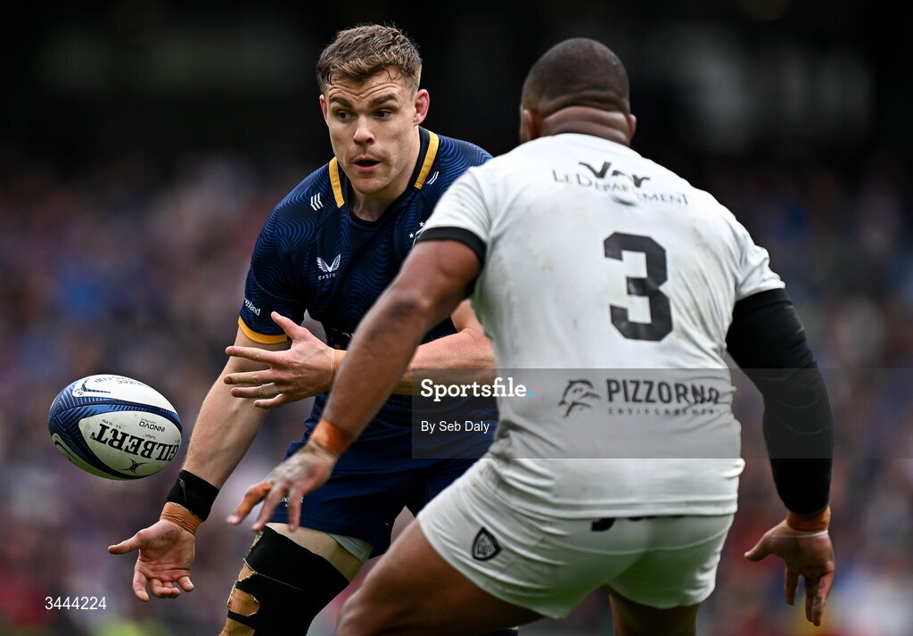 2 May 2026; Garry Ringrose of Leinster in action against Kyle Sinckler of RC Toulon during the Investec Champions Cup semi-final match between Leinster and RC Toulon at the Aviva Stadium in Dublin. Photo by Seb Daly/Sportsfile