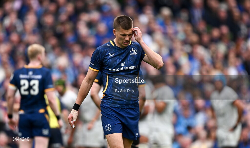 2 May 2026; Sam Prendergast of Leinster during the Investec Champions Cup semi-final match between Leinster and RC Toulon at the Aviva Stadium in Dublin. Photo by Seb Daly/Sportsfile