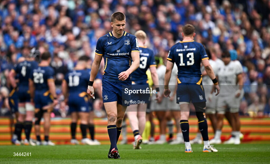 2 May 2026; Sam Prendergast of Leinster during the Investec Champions Cup semi-final match between Leinster and RC Toulon at the Aviva Stadium in Dublin. Photo by Seb Daly/Sportsfile