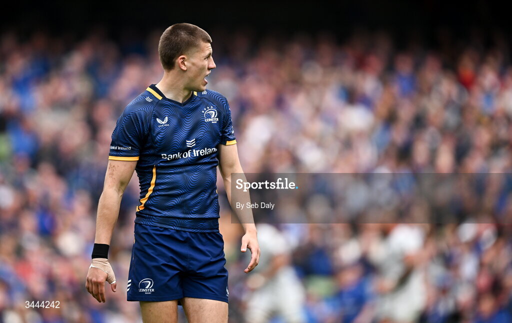 2 May 2026; Sam Prendergast of Leinster during the Investec Champions Cup semi-final match between Leinster and RC Toulon at the Aviva Stadium in Dublin. Photo by Seb Daly/Sportsfile