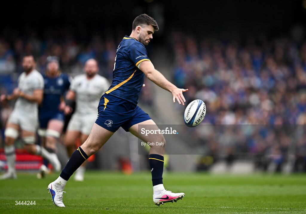 2 May 2026; Harry Byrne of Leinster during the Investec Champions Cup semi-final match between Leinster and RC Toulon at the Aviva Stadium in Dublin. Photo by Seb Daly/Sportsfile