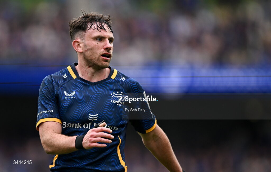 2 May 2026; Hugo Keenan of Leinster during the Investec Champions Cup semi-final match between Leinster and RC Toulon at the Aviva Stadium in Dublin. Photo by Seb Daly/Sportsfile