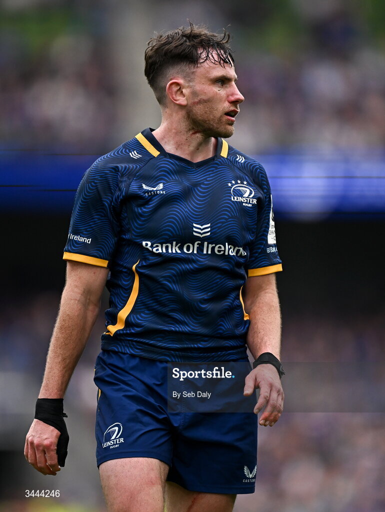2 May 2026; Hugo Keenan of Leinster during the Investec Champions Cup semi-final match between Leinster and RC Toulon at the Aviva Stadium in Dublin. Photo by Seb Daly/Sportsfile