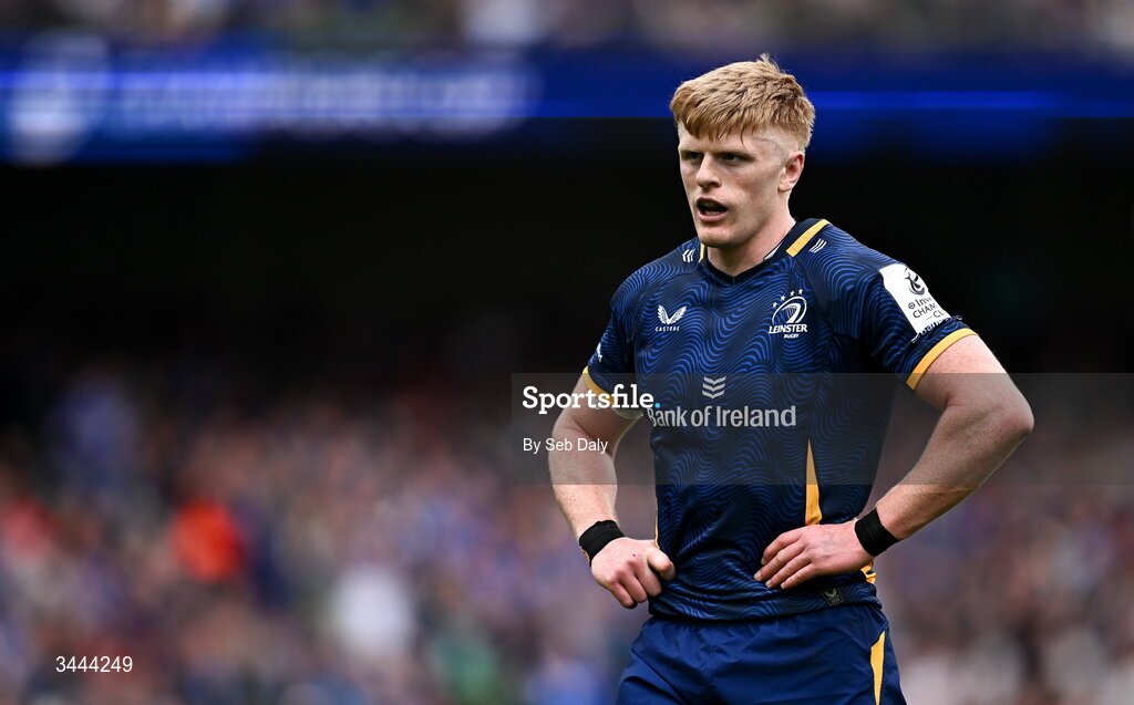2 May 2026; Tommy O'Brien of Leinster during the Investec Champions Cup semi-final match between Leinster and RC Toulon at the Aviva Stadium in Dublin. Photo by Seb Daly/Sportsfile