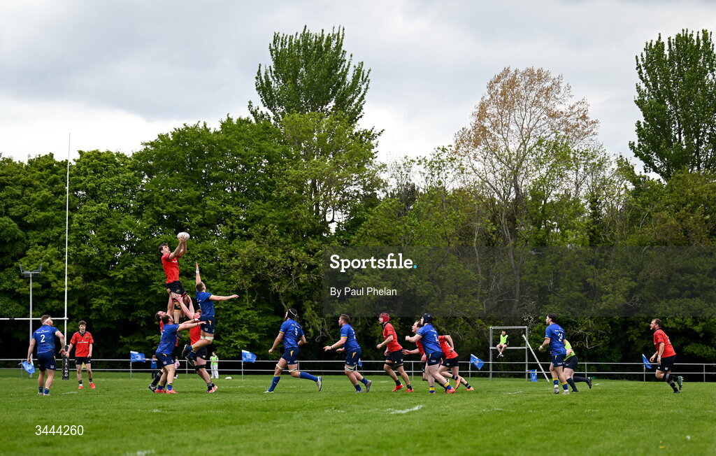 2 May 2026; A general view of a lineout during the IRFU Men's Junior Interprovincials Round 2 match between Munster and Leinster at DLSP FC in Kiltiernan, Dublin. Photo by Paul Phelan/Sportsfile