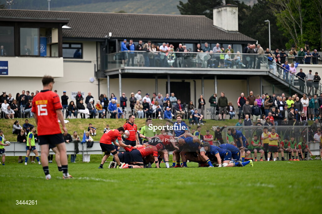 2 May 2026; A general view of a scrum during the IRFU Men's Junior Interprovincials Round 2 match between Munster and Leinster at DLSP FC in Kiltiernan, Dublin. Photo by Paul Phelan/Sportsfile