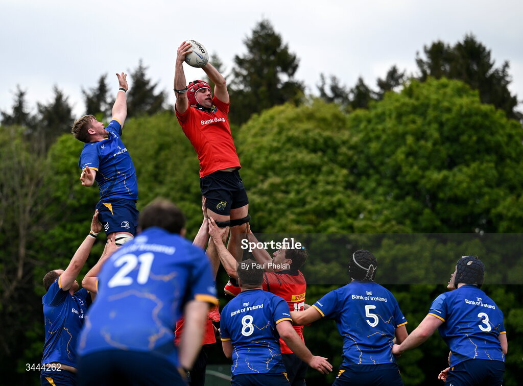 2 May 2026; Sam Quinlan of Munster wins a lineout during the IRFU Men's Junior Interprovincials Round 2 match between Munster and Leinster at DLSP FC in Kiltiernan, Dublin. Photo by Paul Phelan/Sportsfile