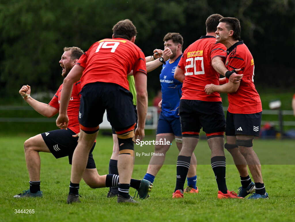 2 May 2026; Munster players celebrate at full-time after the IRFU Men's Junior Interprovincials Round 2 match between Munster and Leinster at DLSP FC in Kiltiernan, Dublin. Photo by Paul Phelan/Sportsfile