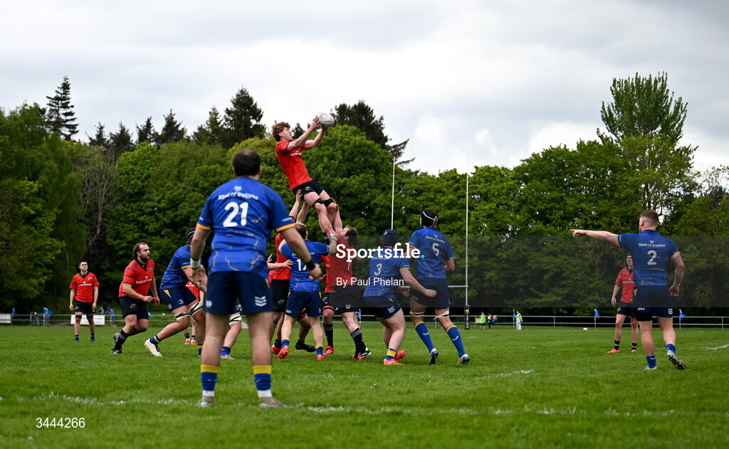 2 May 2026; Josh Brady of Munster wins a lineout during the IRFU Men's Junior Interprovincials Round 2 match between Munster and Leinster at DLSP FC in Kiltiernan, Dublin. Photo by Paul Phelan/Sportsfile