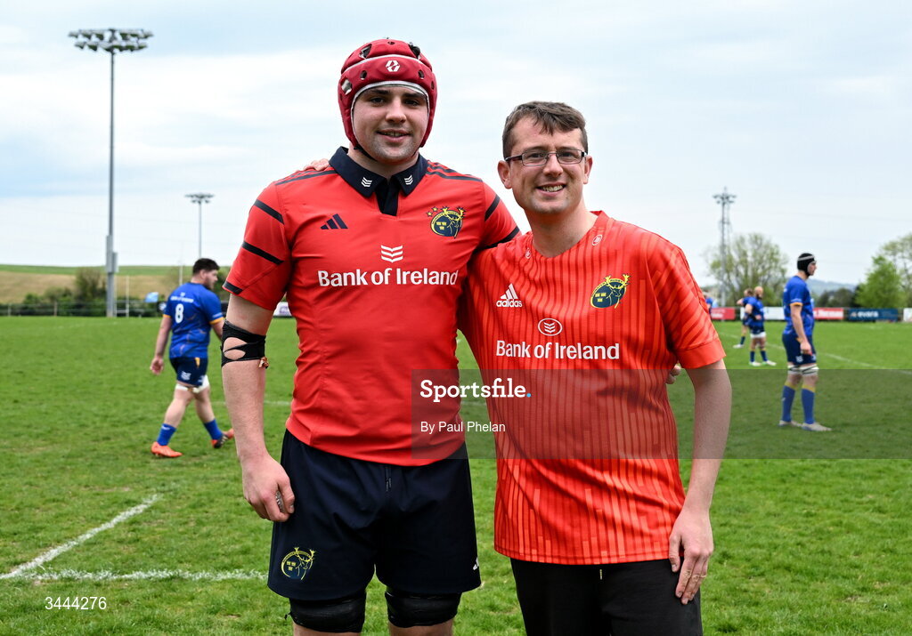 2 May 2026; Munster captain Sam Quinlan and mascot Billy Lawlor before the IRFU Men's Junior Interprovincials Round 2 match between Munster and Leinster at DLSP FC in Kiltiernan, Dublin. Photo by Paul Phelan/Sportsfile