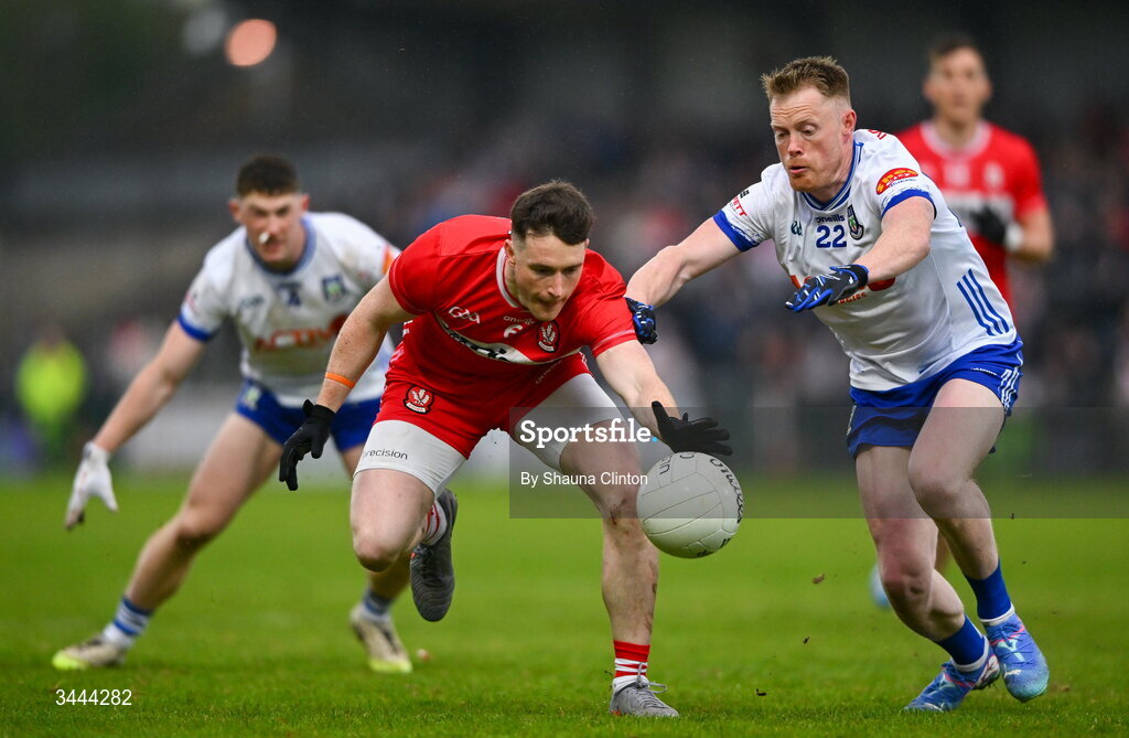 2 May 2026; Gareth McKinless of Derry in action against Ryan Duffy of Monaghan during the Ulster GAA Football Senior Championship semi-final match between Derry and Monaghan at BOX-IT Athletic Grounds in Armagh. Photo by Shauna Clinton/Sportsfile