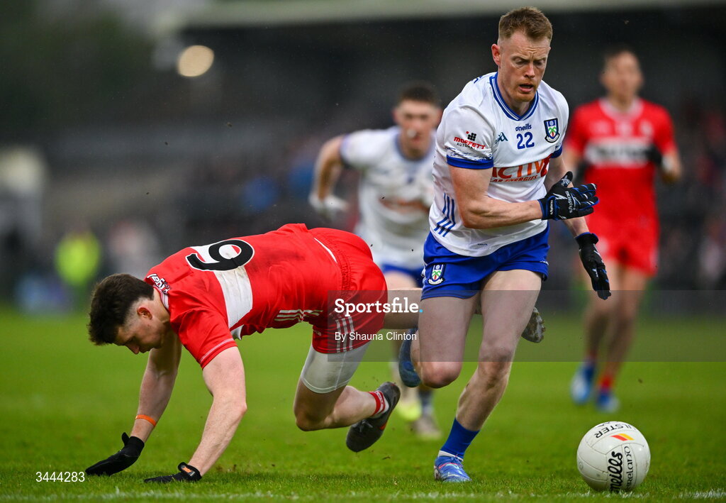 2 May 2026; Ryan Duffy of Monaghan in action against Gareth McKinless of Derry during the Ulster GAA Football Senior Championship semi-final match between Derry and Monaghan at BOX-IT Athletic Grounds in Armagh. Photo by Shauna Clinton/Sportsfile
