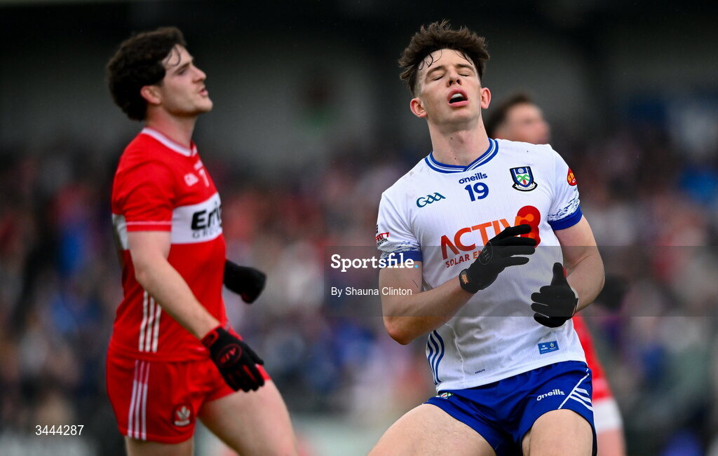 2 May 2026; Bobby McCaul of Monaghan reacts during the Ulster GAA Football Senior Championship semi-final match between Derry and Monaghan at BOX-IT Athletic Grounds in Armagh. Photo by Shauna Clinton/Sportsfile