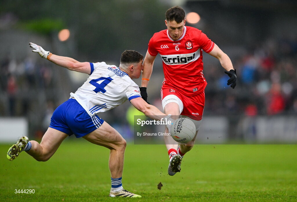 2 May 2026; Gareth McKinless of Derry in action against Dylan Byrne of Monaghan during the Ulster GAA Football Senior Championship semi-final match between Derry and Monaghan at BOX-IT Athletic Grounds in Armagh. Photo by Shauna Clinton/Sportsfile