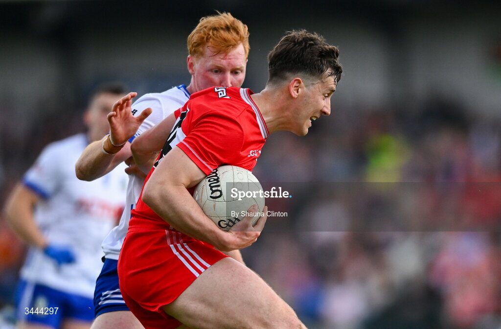 2 May 2026; Shane McGuigan of Derry in action against Ryan O'Toole of Monaghan during the Ulster GAA Football Senior Championship semi-final match between Derry and Monaghan at BOX-IT Athletic Grounds in Armagh. Photo by Shauna Clinton/Sportsfile