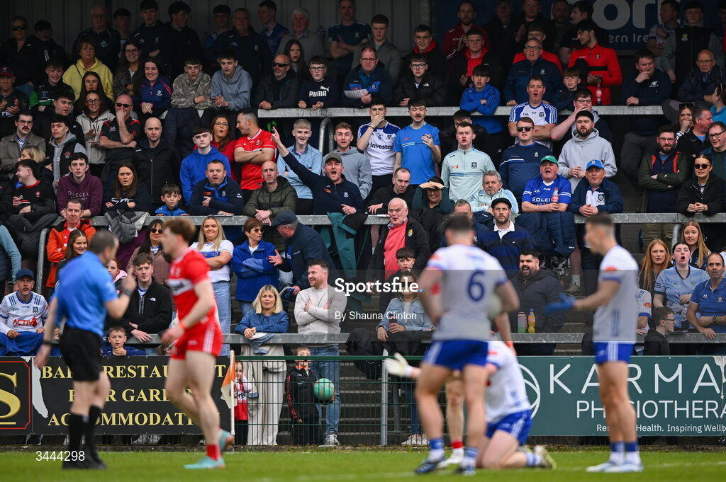 2 May 2026; Monaghan supporters react during the Ulster GAA Football Senior Championship semi-final match between Derry and Monaghan at BOX-IT Athletic Grounds in Armagh. Photo by Shauna Clinton/Sportsfile
