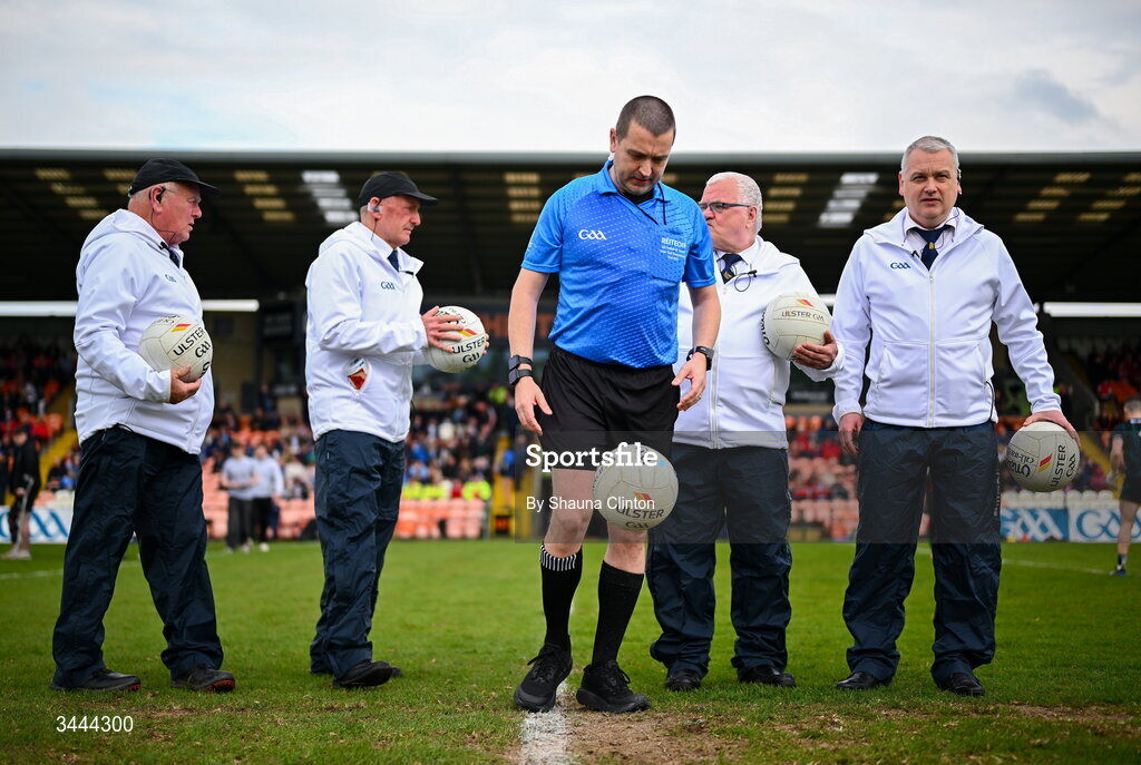 2 May 2026; Referee Noel Mooney, centre, is joined by his match officials ahead of the Ulster GAA Football Senior Championship semi-final match between Derry and Monaghan at BOX-IT Athletic Grounds in Armagh. Photo by Shauna Clinton/Sportsfile