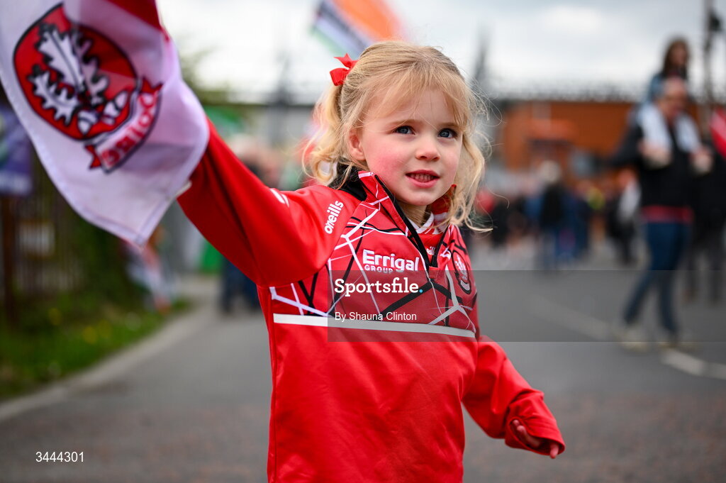 2 May 2026; Derry supporter Caitlín Ferris ahead of the Ulster GAA Football Senior Championship semi-final match between Derry and Monaghan at BOX-IT Athletic Grounds in Armagh. Photo by Shauna Clinton/Sportsfile