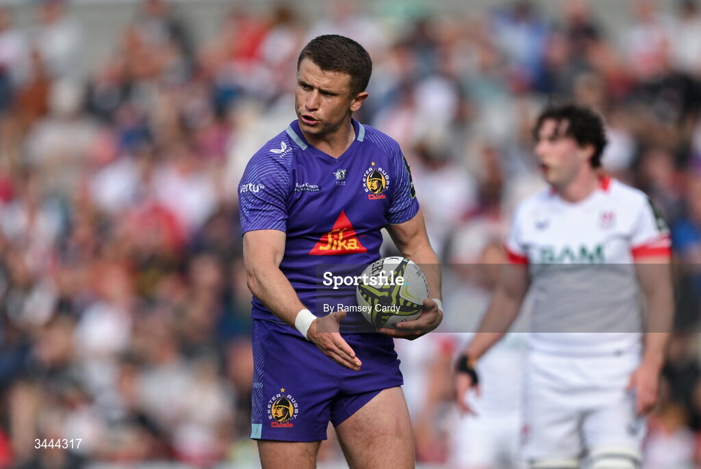 2 May 2026; Harvey Skinner of Exeter Chiefs during the EPCR Challenge Cup semi-final match between Ulster and Exeter Chiefs at Affidea Stadium in Belfast. Photo by Ramsey Cardy/Sportsfile