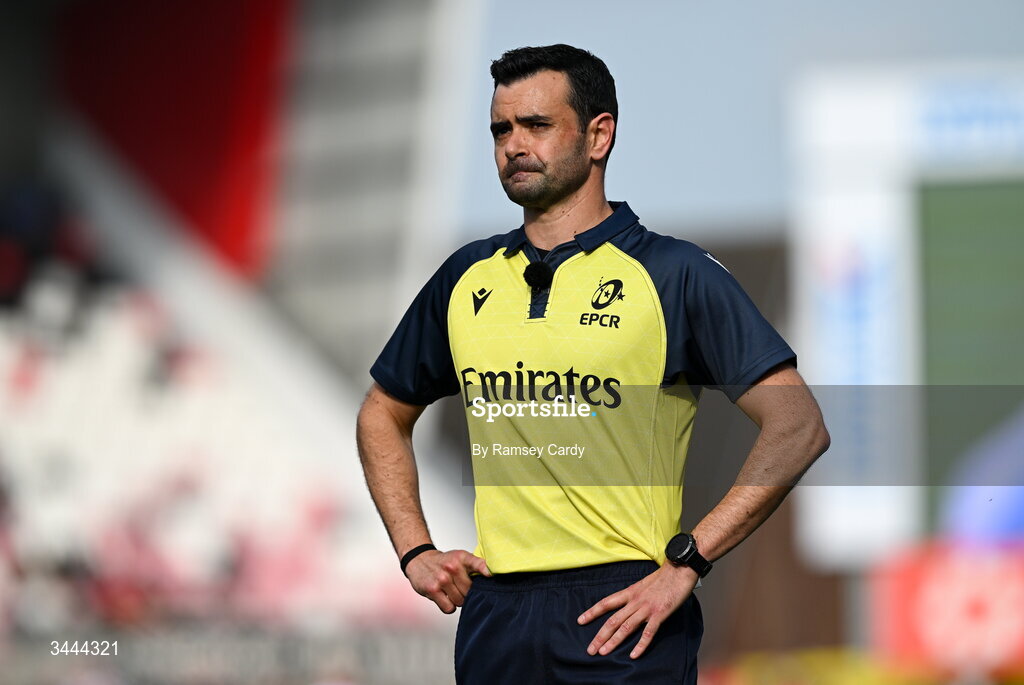 2 May 2026; Referee Pierre Brousset during the EPCR Challenge Cup semi-final match between Ulster and Exeter Chiefs at Affidea Stadium in Belfast. Photo by Ramsey Cardy/Sportsfile