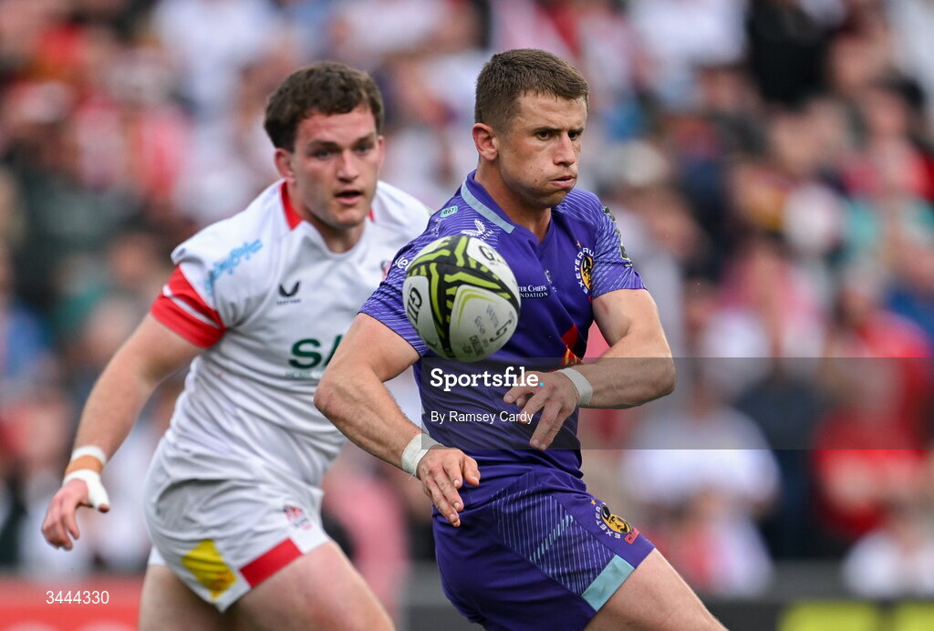 2 May 2026; Harvey Skinner of Exeter Chiefs during the EPCR Challenge Cup semi-final match between Ulster and Exeter Chiefs at Affidea Stadium in Belfast. Photo by Ramsey Cardy/Sportsfile