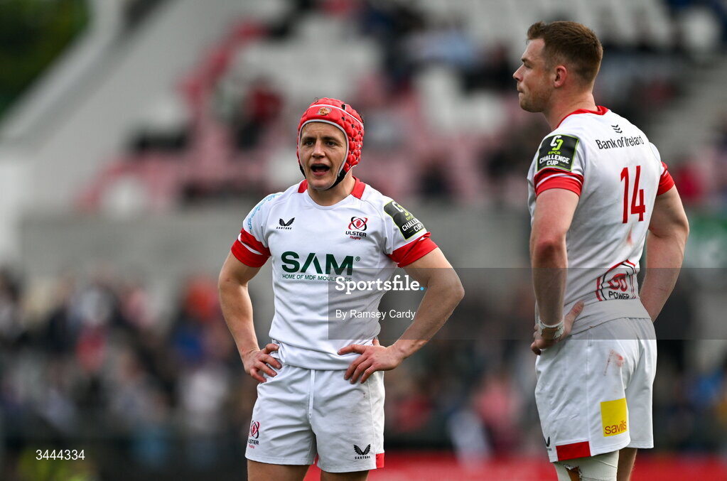 2 May 2026; Mike Lowry, left, and Zac Ward of Ulster during the EPCR Challenge Cup semi-final match between Ulster and Exeter Chiefs at Affidea Stadium in Belfast. Photo by Ramsey Cardy/Sportsfile