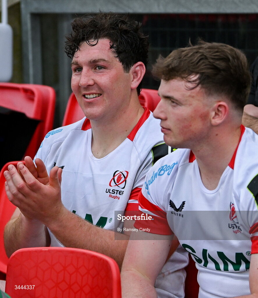 2 May 2026; Tom Stewart, left, and Jack Murphy of Ulster during the EPCR Challenge Cup semi-final match between Ulster and Exeter Chiefs at Affidea Stadium in Belfast. Photo by Ramsey Cardy/Sportsfile